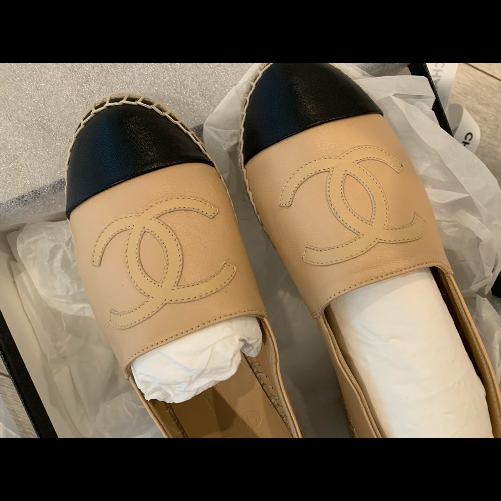 Beige Lambskin Leather Cap Toe Espadrille Flats